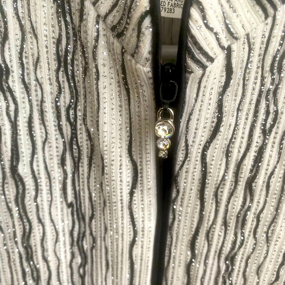 Alex Evenings Top or Cover-White w/ Black & Sparkle Silver Slimming Stripes. - Picture 3 of 10